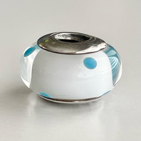 Pandora White & Teal Polka Dots Murano Charm - Picture 2 of 7